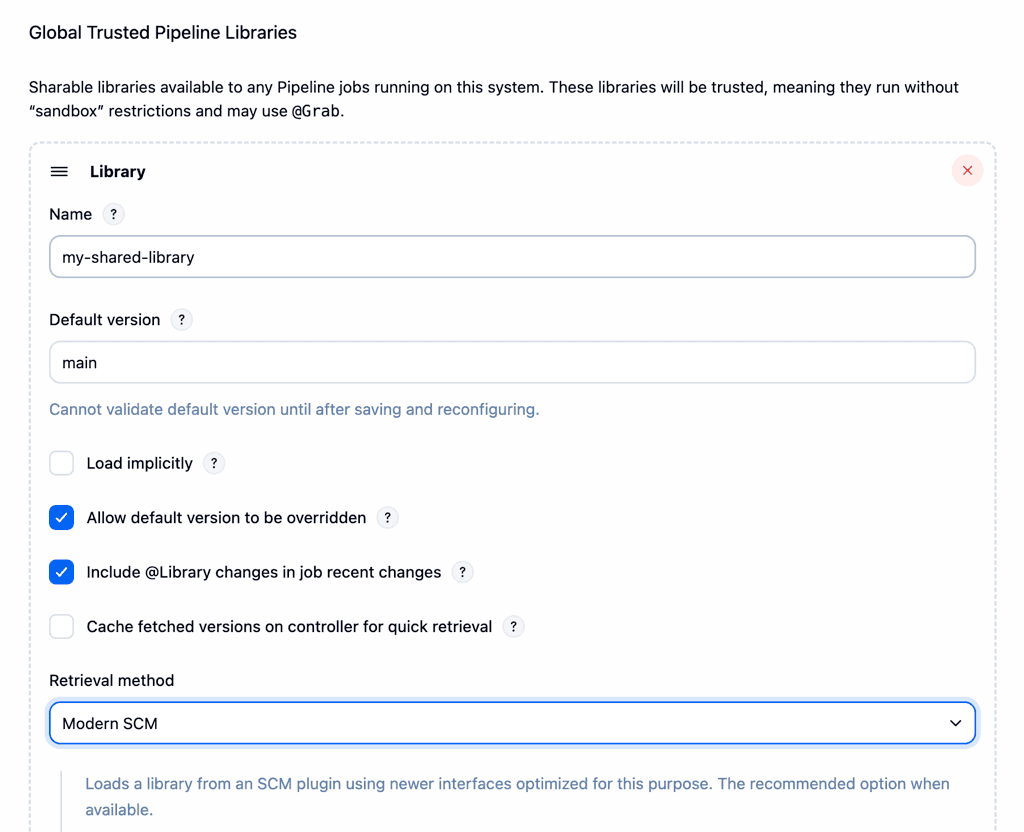 Jenkins System Configuration page accessed by navigating from Dashboard to Manage Jenkins then to System, displaying options to configure a Global Trusted Pipeline Library. It includes fields for the library name, default version, checkboxes for 'Allow the default version to be overridden' and 'Include @Library changes in job recent changes' are checked, and a dropdown to select the retrieval method (Modern SCM or Legacy SCM) is shown.