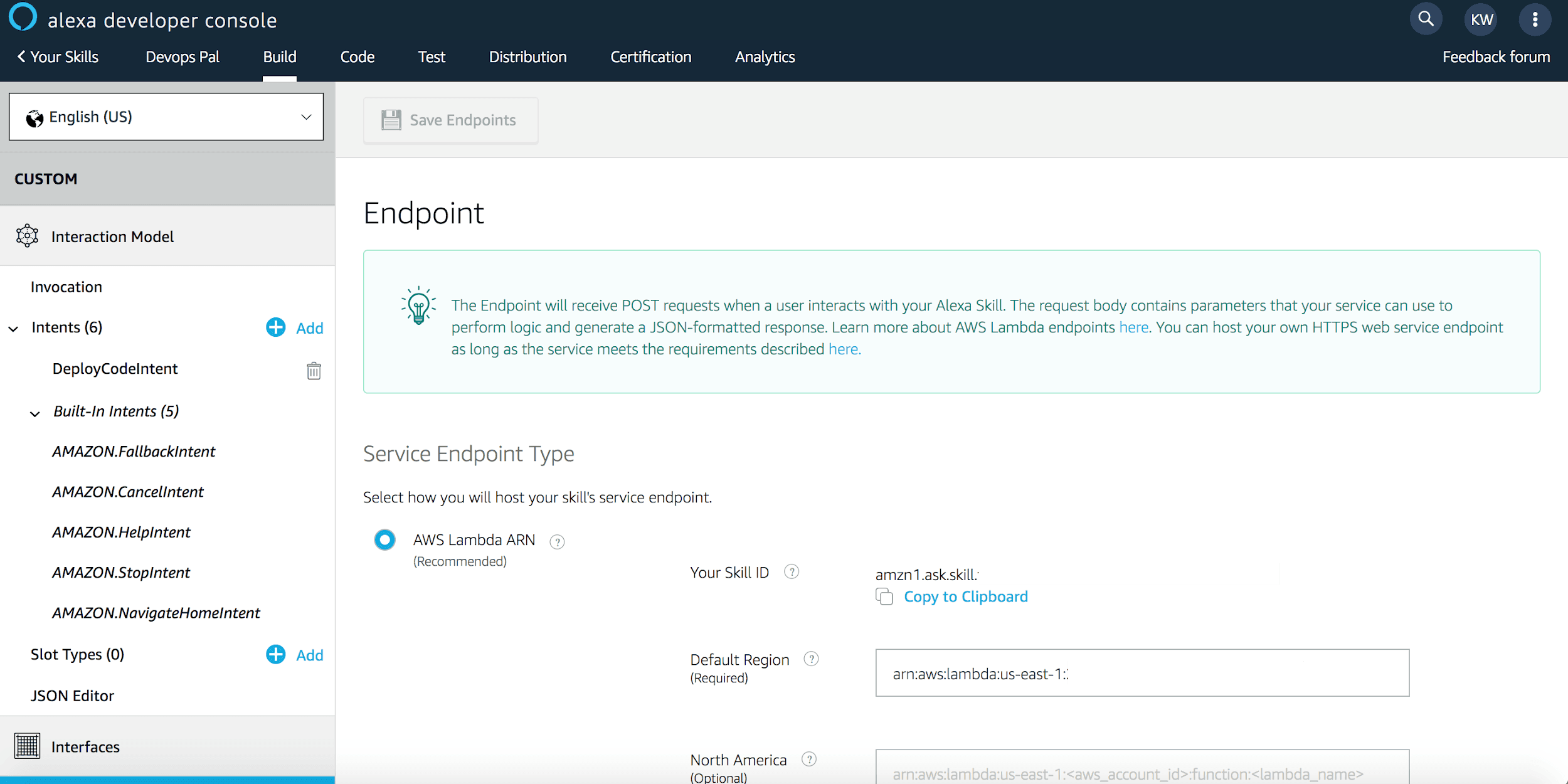 Backend Fulfillment Logic - Endpoint Via Alexa Developer Console